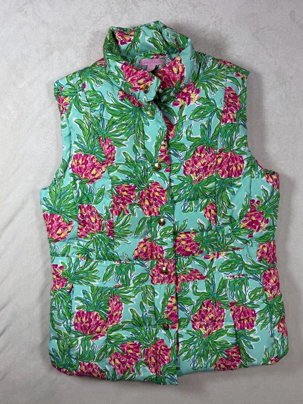 Lilly Pulitzer Medium Aqua Floral Quilted Puffer Vest Pink Pineapple Print